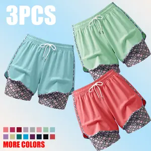 Women’s athletic shorts for fitness, running, and yoga — summer quick-dry, anti-exposure design, faux two-piece look, loose fit, mid-length/knee-length shorts