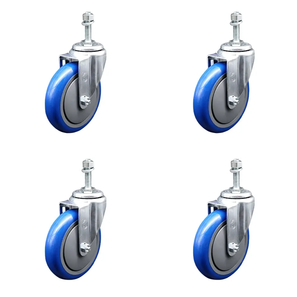 Service Caster SCC-TS20S514-PPUB-BLUE-M1015-4 Series #20 Polyurethane Swivel Stem Mount Casters with Ball Bearings, 5x1.25in Non-Marring Blue Wheels, 10mm Stems, Bolt Hole, 1400 lbs Capacity for Material Handling Carts - Set of 4