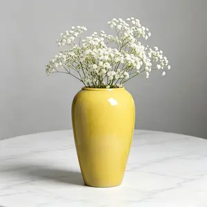 Yellow Crackle Glaze Ceramic Vase 26cm Nordic Style Tabletop Flower Vase for Fresh/Dried Flowers, Roses/Baby's Breath, Modern Home Decor for Living Room Bedroom Office, Cream Aesthetic Centerpiece, Water Plant Container