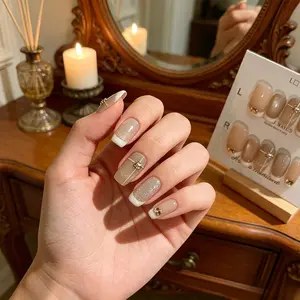 10 Pcs Nude French Tip Nail Wraps, Silver Color Glitter, Metal Clips, Reusable Soft Nails, Perfect for Daily Use