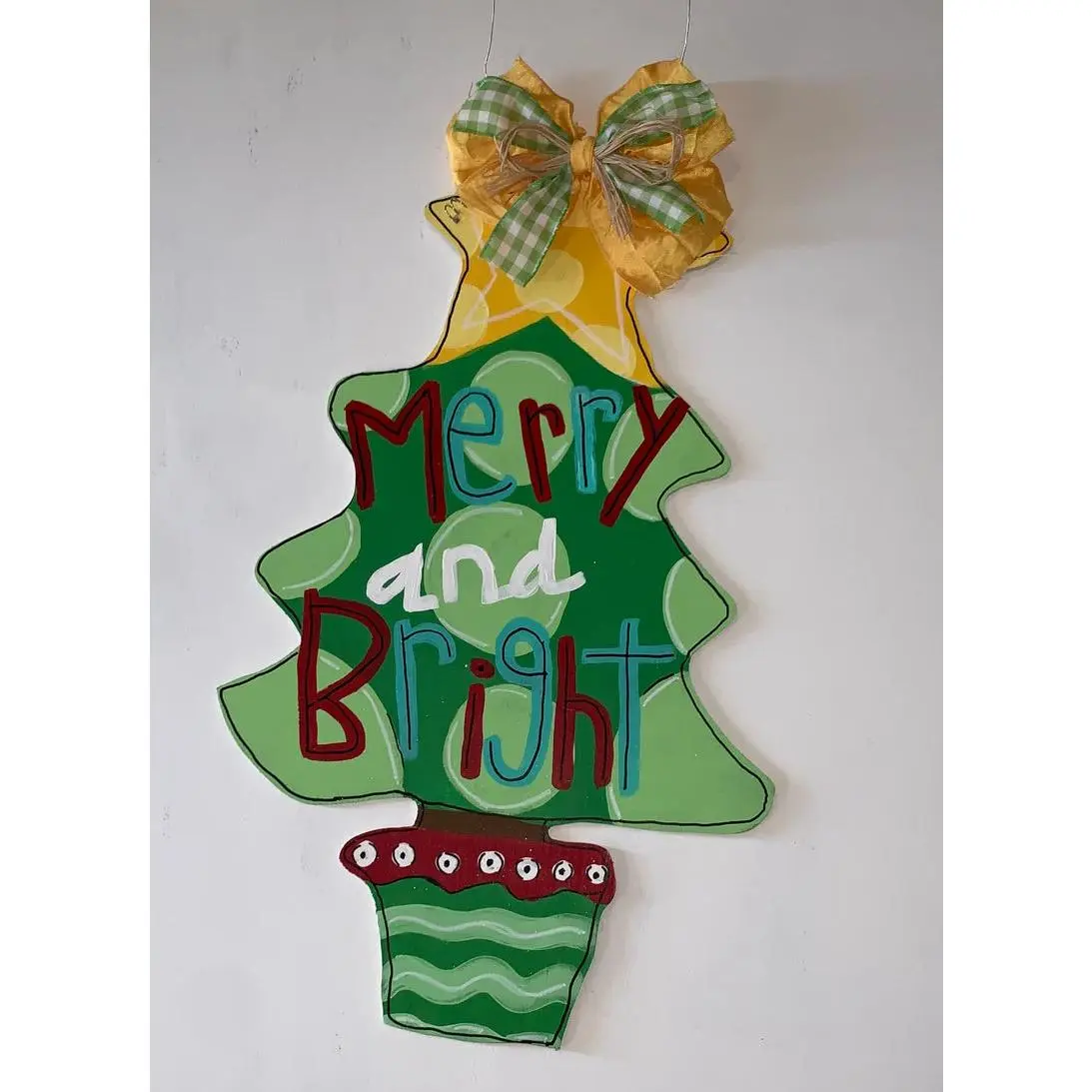 Merry and Bright Christmas Tree Door Hanger | Hand-Painted Holiday Decor