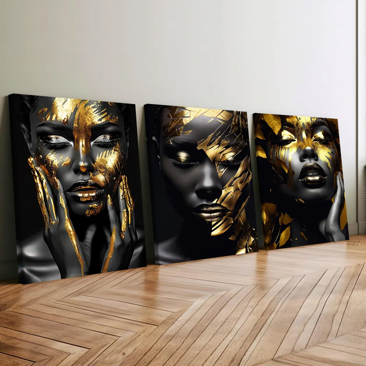 3Pcs Wooden-Framed Canvas Prints - Gold & Black Abstract Women's Faces, Landscape Leaf Artistic Wall Decor, Waterproof Odorless Home Decor for Living Room, Bedroom, Exquisite Poster Artwork, Trees, Room Aesthetic