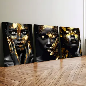 3Pcs Wooden Framed Canvas Painting, Gold And Black Abstract Women Faces, Exquisite Poster, Home Decoration, Pattern Wall Art Decor, For Living Room, Bedroom, Office, Restaurant, Bar Wall Decor, Waterproof, Odorless, Painting, Print Artwork.