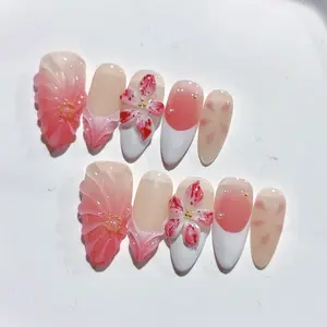 Handmade Almond Press-On Nails Seashell French Ombre 3D Floral Carving Detachable Nail Art Tropical Seashell Press-On D413 nails opi gel kit coraline acrylic tip luminary short coffin prom Reusable