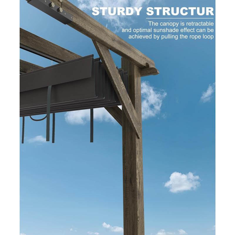 GARVEE 10X10FT Outdoor Wood Pergola with Retractable Shade Canopy, Water-Resistant Charcoal Gray Gazebo for Backyards, Gardens, Patios, and Decks