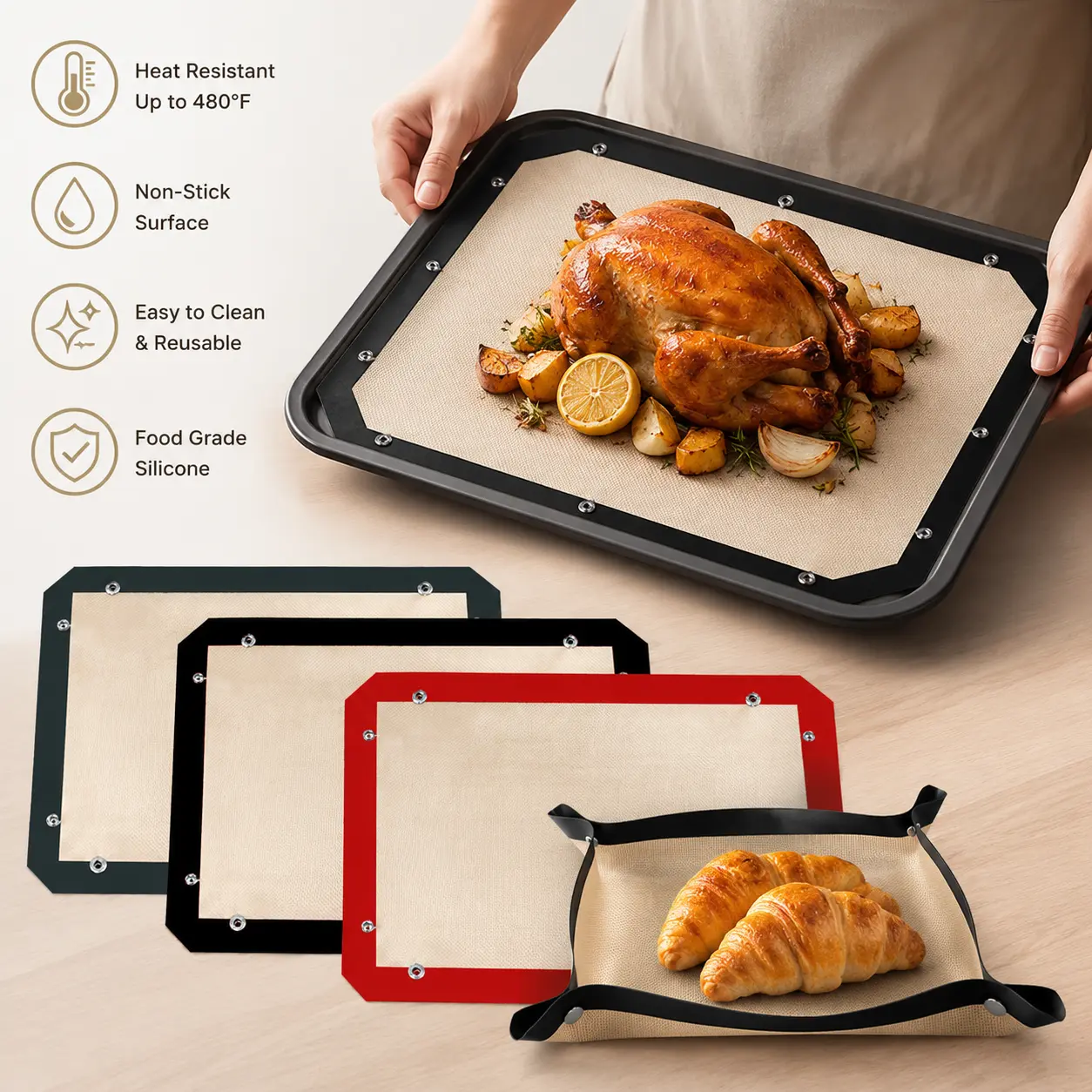 1 Count Silicone Fiberglass Baking Mat, non-stick heat-resistant easy to clean food safe liner for home kitchen oven pastry roasting baking daily use