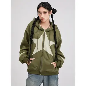 Women’s retro star-print zip-up hooded jacket — geometric star design, Harajuku grunge-style pullover coat, crew-neck casual autumn/winter coat, sweatshirt, suitable for daily layering