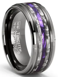 Mens Carbon Fiber Tungsten Carbide Ring Purple Wood Wedding Band Gunmetal 8MM