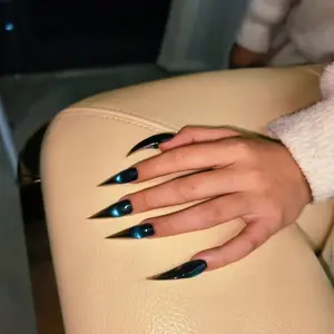2026 Spring Summer Press-On Nails, Teardrop Pointed Blue Magnetic Cat Eye, Long Wear Fake Nails, Women's Fashion Nail Art
