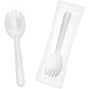 Mini Plastic Sporks Disposable Individually Wrappe, Clear Forks and Spoons 2 in 1 Small Utensils 4.3" 100 PCS