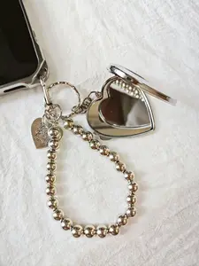 Heart Flip Cover Makeup Mirror Keychain, Fashionable Alloy Keychain, Metal Mirror Phone Chain, Portable Small Mirror for Women's Bags, DIY Beaded Chains