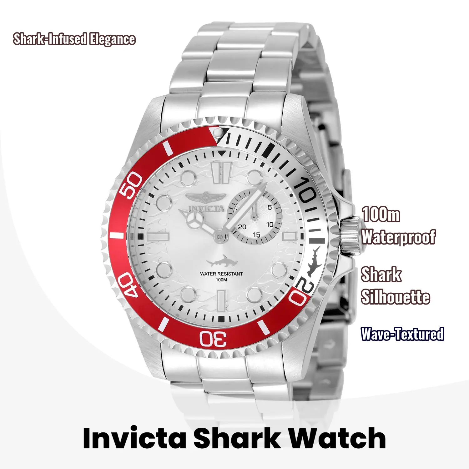 Invicta Men's Pro Diver Hammerhead Shark Edition 43mm Watch Silver Sunray Dial Red Bezel Stainless Steel Case Bracelet Wave Textured Outer Ring Etched Shark Case Side Japanese Quartz Multifunction 100m Water Resistant