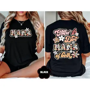 Glitter and Dirt Mama of Both Floral Mom Double-Sided Print T-Shirt, Mama Flower Tee, Mom Shirt, Mom life Tee, Mother Day Gift,Short Sleeve Round Neck Casual Top,Soft Material,Fashion women Spring/Summer Top