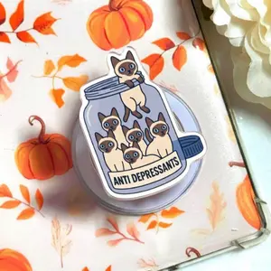 Anti Depressants Cat Phone Grip, Funny Cat Pop Socket, MagSafe Phone Grip, Kindle Holder, Cute Siamese Cat Gift, Kawaii Pet Lover Phone Stand, Humor Sticker Grip