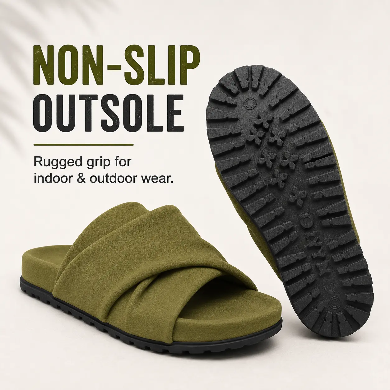Women's Olive Green Slide Sandals, Indoor Deep Olive and Sunlit Warm Olive, Cushioned Cross-Strap Indoor Outdoor Slippers