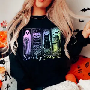 Round neck Women's Sports Shirt - Halloween Design, with Ghost Pumpkin Cat and Castle Pattern Women's Hoodie Love Rainbow Soft Top Halloween Casual Light Pink Cute Women