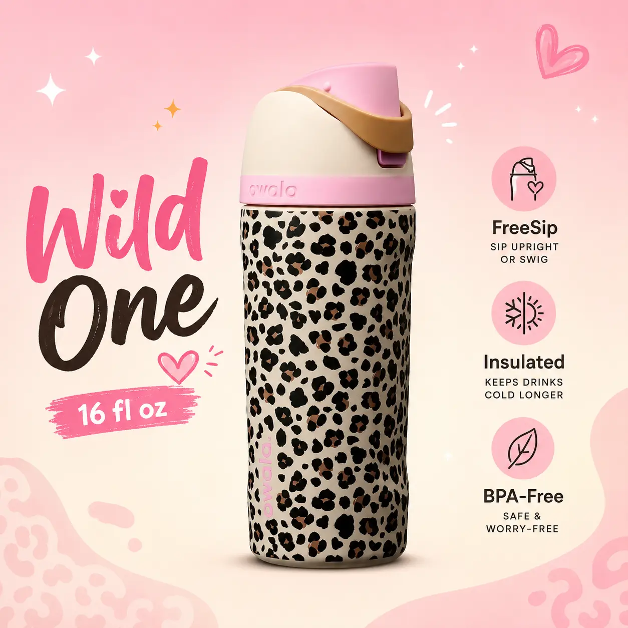 Owala x Cat & Jack Wild 1 16 fl oz Leopard Print Water Bottle with Leak-Resistant Lid