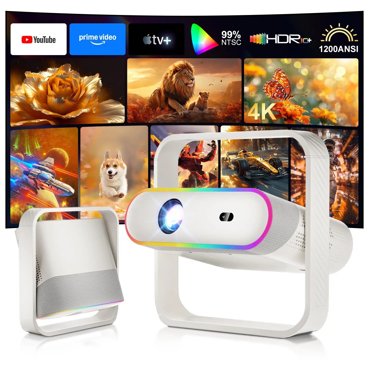 Smart Projector with RGB Ambient Light Dolby Audio,Officially-Licensed APPs,Compatible with Netflix,Dual-band 5G WiFi 6 and Bluetooth, Auto focus & Keystone Correction, Native 1080P 4K Home Cinema, Mini Portable Projector Outdoor