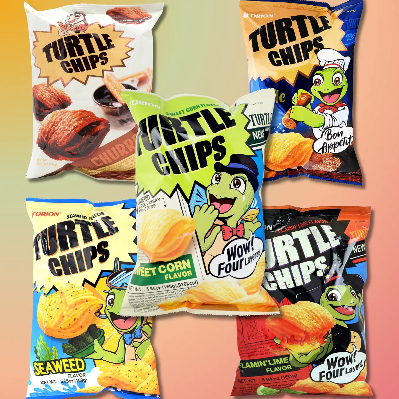 ORION Turtle Chips Snack Pack - Ultra-Crunchy Roasted Corn Puff Crisps, Light Bite Individual Servings with Assorted Flavors: Corn Soup, Choco Churros Hit, Truffle Salt, Seaweed Zing, Flamin' Lime, Sweet Option