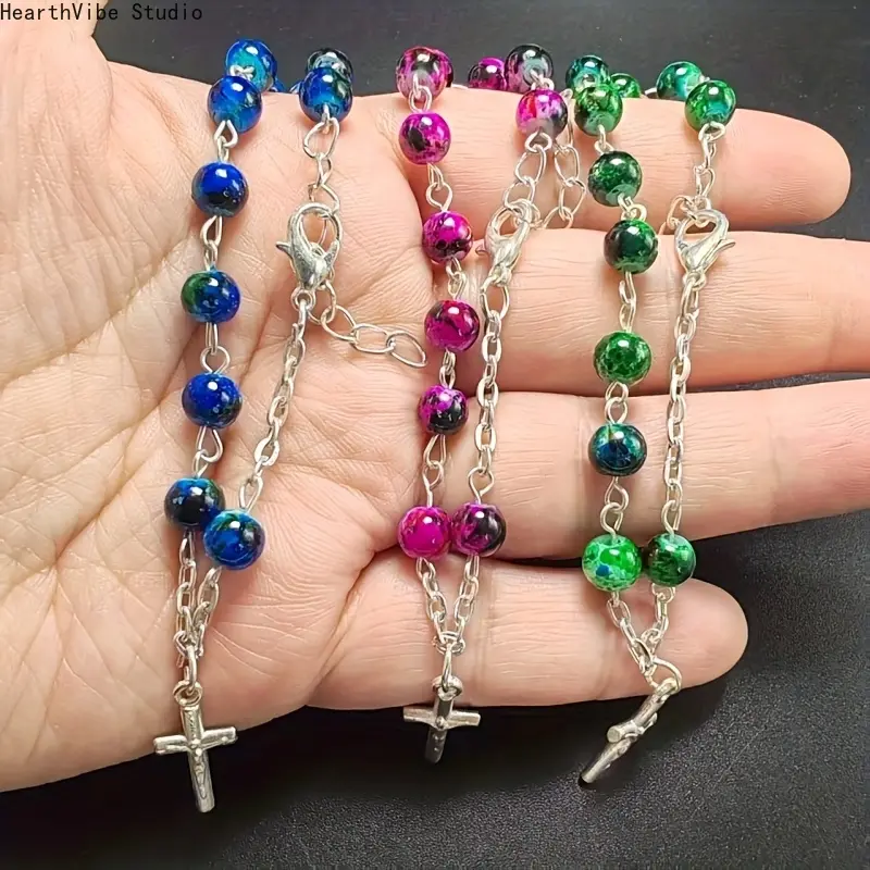 3pcs/Pack Adjustable Sports Wristbands - Vintage Elastic Beaded Bracelets with Colorful Mixed Natural & Artificial Stone Glass Painted Beads Mini Cross Rosary, Elastic Bracelets, Colorful Bracelet