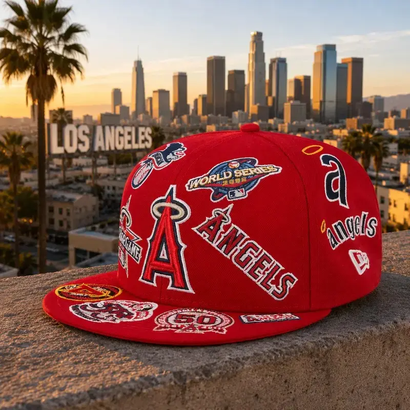 Los Angeles Angels New Era Alll Over Patch 59FIFTY Fitted Hat – 2026 Red Flat Brim Baseball Cap, Premium Embroidered Collector Edition