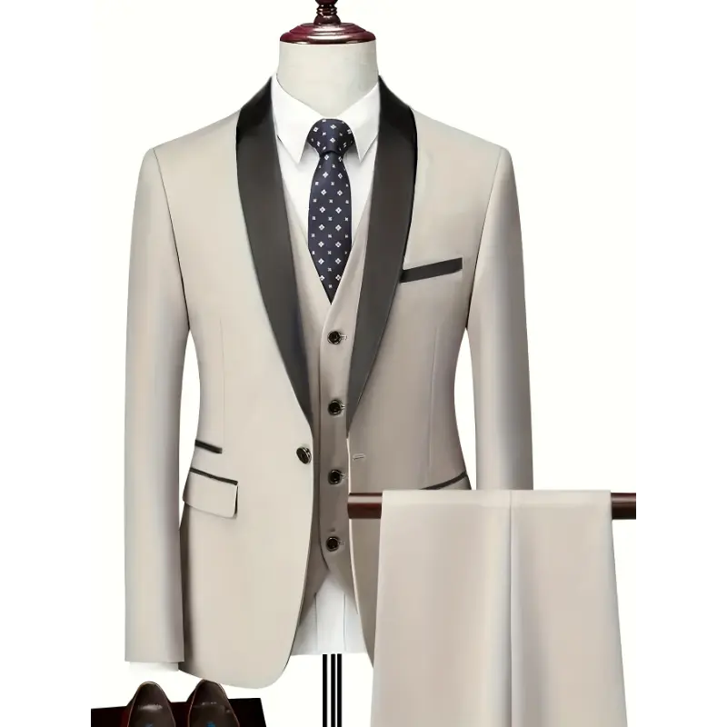 Men's 3-Piece Classic Slim-Fit Formal Dress Suit Set - Shawl Lapel, Long-Sleeve Polyester-Stretch Shirt, Tailored Vest, Pants with Viscose Fabric for Workwear