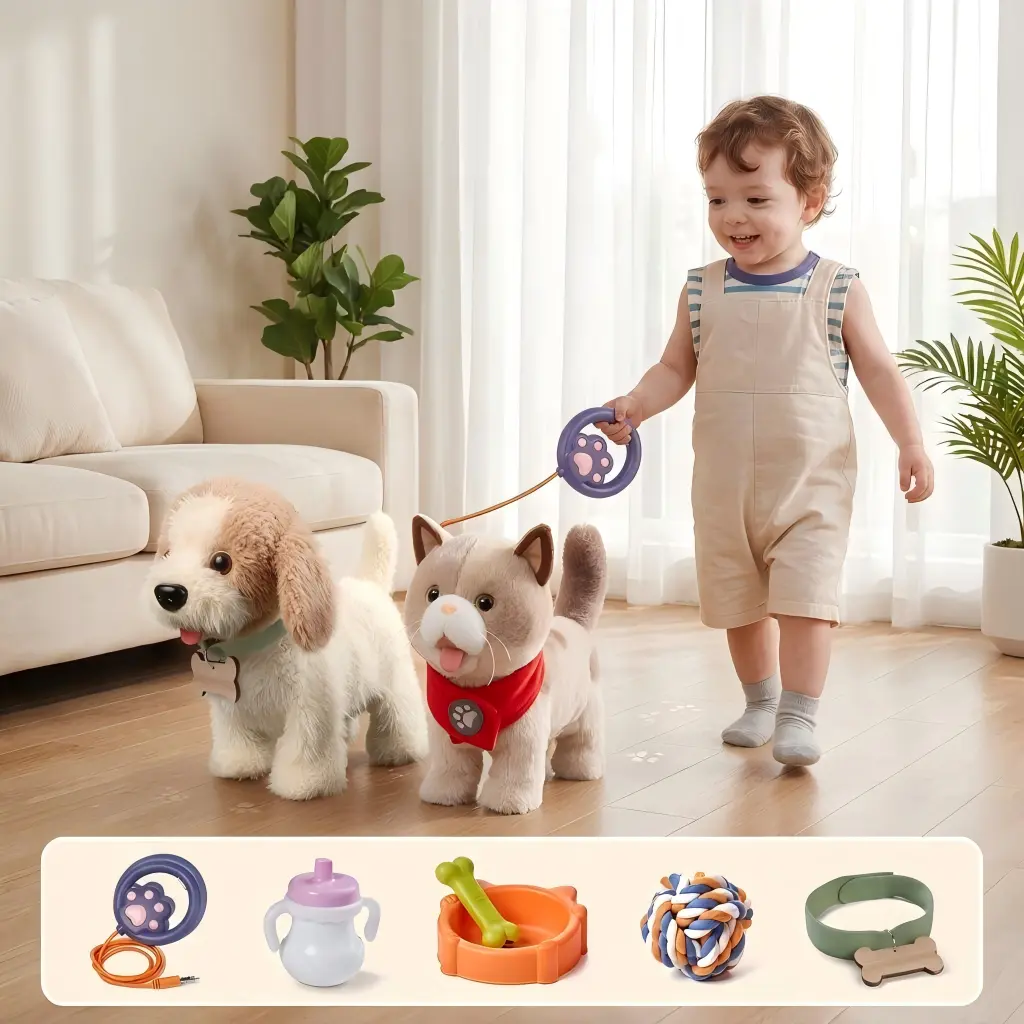 TUMAMA Interactive Electric Plush Pet Playset, Walking Voice Control Puppy & Kitten Variants for Kids Ages 3Y+