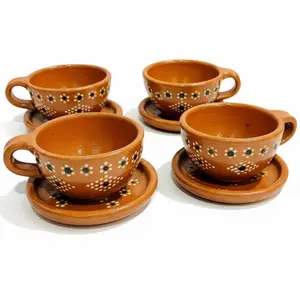Mexican Terra Cota Traditional 4pc Coffee Mugs with 4 Plates 4 Tazas de Barro Mexicano con 4 Platos