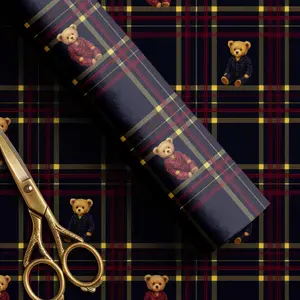 Christmas Wrapping Paper Roll, Dark Tartan Teddy Bear Gift Wrap, Heritage Holiday Plaid, Premium Matte or Satin Paper