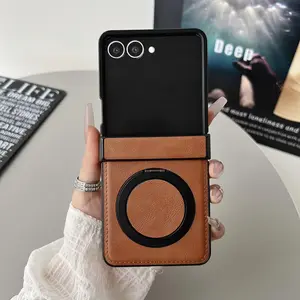 Fin Magnetic Leather Phone Case For Samsung Galaxy Z Flip 7 FE 6 5 4 3 Flip7 Flip6 Flip5 5G  Ring Holder Hinge Protective Cover