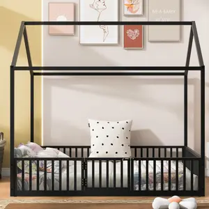 Full Size Floor Bed Frame with Door and Fence, Heavy Duty Bed Full Size, Floor Bed with Roof/House Floor Bed for Bedroom (Full Floor Bed Black)