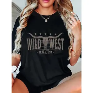 100% Cotton Unisex Cow Bull Skull Longhorn Skull Western Country Music Trip T-Shirt Casual Top graphic tees women crop tops summer outfits for women summer tops T-Shirt