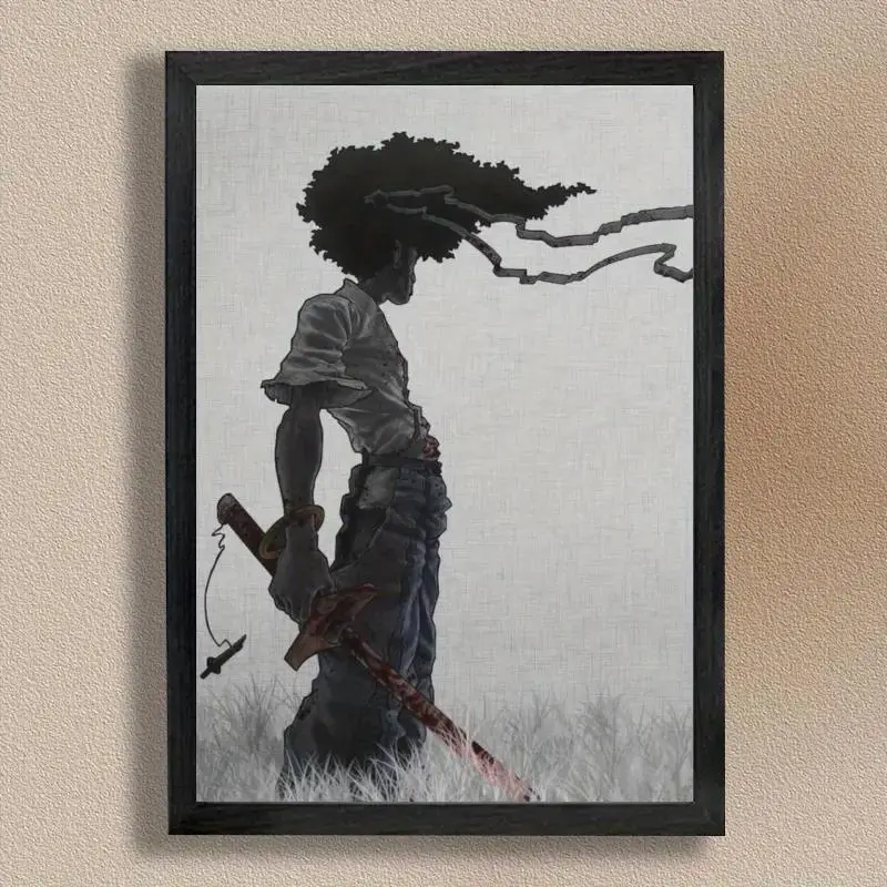 Afro Samurai Silhouette Wall Art, Iconic Katana Warrior Poster Decor, Grayscale Anime Action Prints for Samurai Room Theme