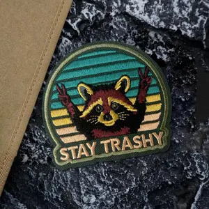 Stay Trashy Raccoon Tactical Patch Funny Hook&Loop Embroidered Patches Airsoft Morale Badge Military Army Backpack Stickers Staying