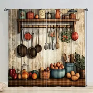 Vintage Farmhouse Kitchen Curtains, Cooking Pattern Drapes, Rod Pocket Design, Suitable for Dining Room & Bedroom, Polyester Material