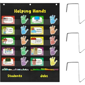 Helping Hands Pocket Chart, Classroom Jobs Chart and Classroom Management with 2 Hooks, Pocket Chart for , Little Hands Pocket Chart for Classroom, for Teacher Homeschool Supplies-Black
