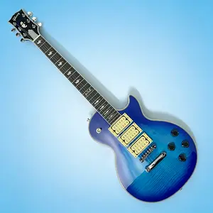 Blue LP Guitar,HHHpickup Flame maple top,solid mahogany body Rosewood Fretboard Gold Hardware Lightning inlaid