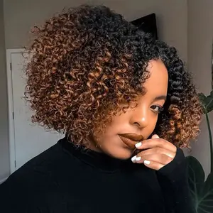 OQ HAIR Ombre Brown Layered Kinky Curly Bob Wear Go Half Wig With Drawstrings Seamless Flip Over Wig Pre-Styled Wear Go Glueless Wig Drawstring Human Hair Wigs Beginner Friendly Vacation Hair Wigs Outdoorfun dealsforyoudays