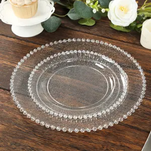 10 Pack Plastic Dessert Appetizer Plates in Clear Silver Glittered with Beaded Rim, Disposable Round Salad Party Plates 8"