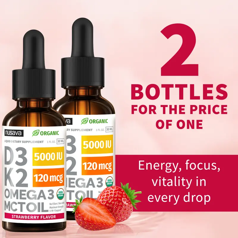 (2-PACK) Organic Vitamin D3K2 Supplement Drops with MCT Oil Omega 3, Liquid Vitamin D3 for Healthcare & Body Defenses - Non-GMO, No Fillers, 2 Fl Oz