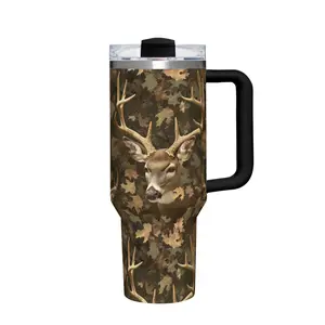 40oz Tumbler with Handle and Straw, Camouflage-patterned deer with autumn leaves Stainless Steel Insulated Cup Water Bottle, Christmas Holiday Gifts for Women Men