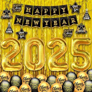 , New Years Eve Party Supplies 2025 - Huge, Set Of 32 | Gold Fringe, Black And Gold Happy New Year Banner, 2025 Balloon Numbers | New Year Foil Balloons, New Years Swirls | Nye Decorations 2025