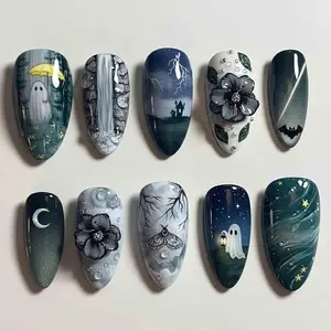 Handmade Halloween Press On Nails | 3D Ghosts, Black Flowers, Bats & Haunted Night Sky Art | Almond Nails For Spooky Vibe