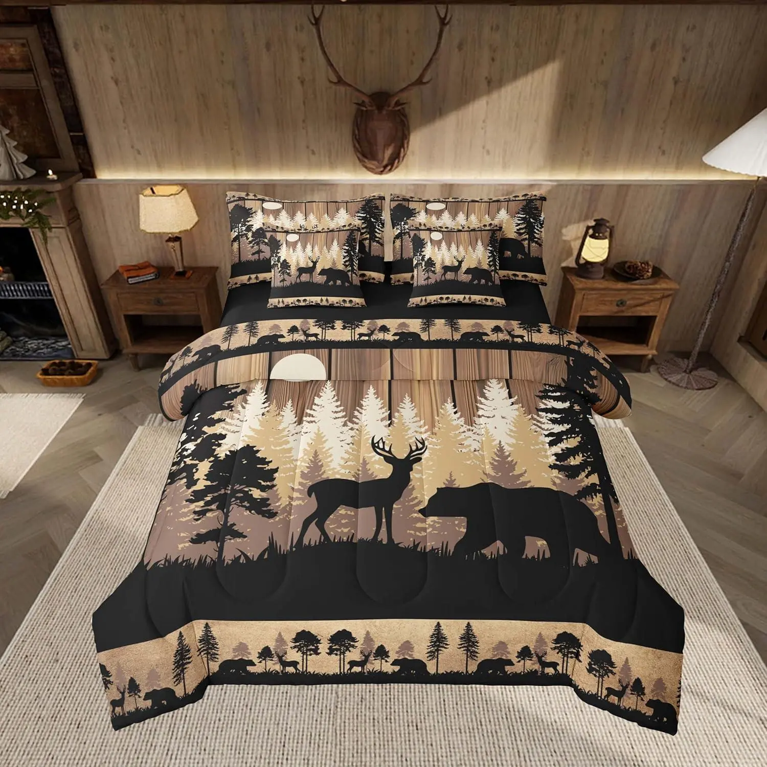 Feelyou 7-Piece Rustic Bear Deer Comforter Set - Wildlife Hunting Theme Bed-in-a-Bag with Sheet Set, Pillowcases, Breathable, Machine Washable, Decorative Design Bedding Quilt, Bedspread Collections, Bedding Quilt Set, Bedspread Set