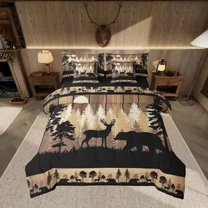 Rustic Bear Deer Comforter Set 7 Pieces Wildlife Hunting Theme Bed in a Bag Wild Animal Bedding Set Bedroom Decor Wooden Board Bed Set with Comforter,Sheet Set,Pillowcases