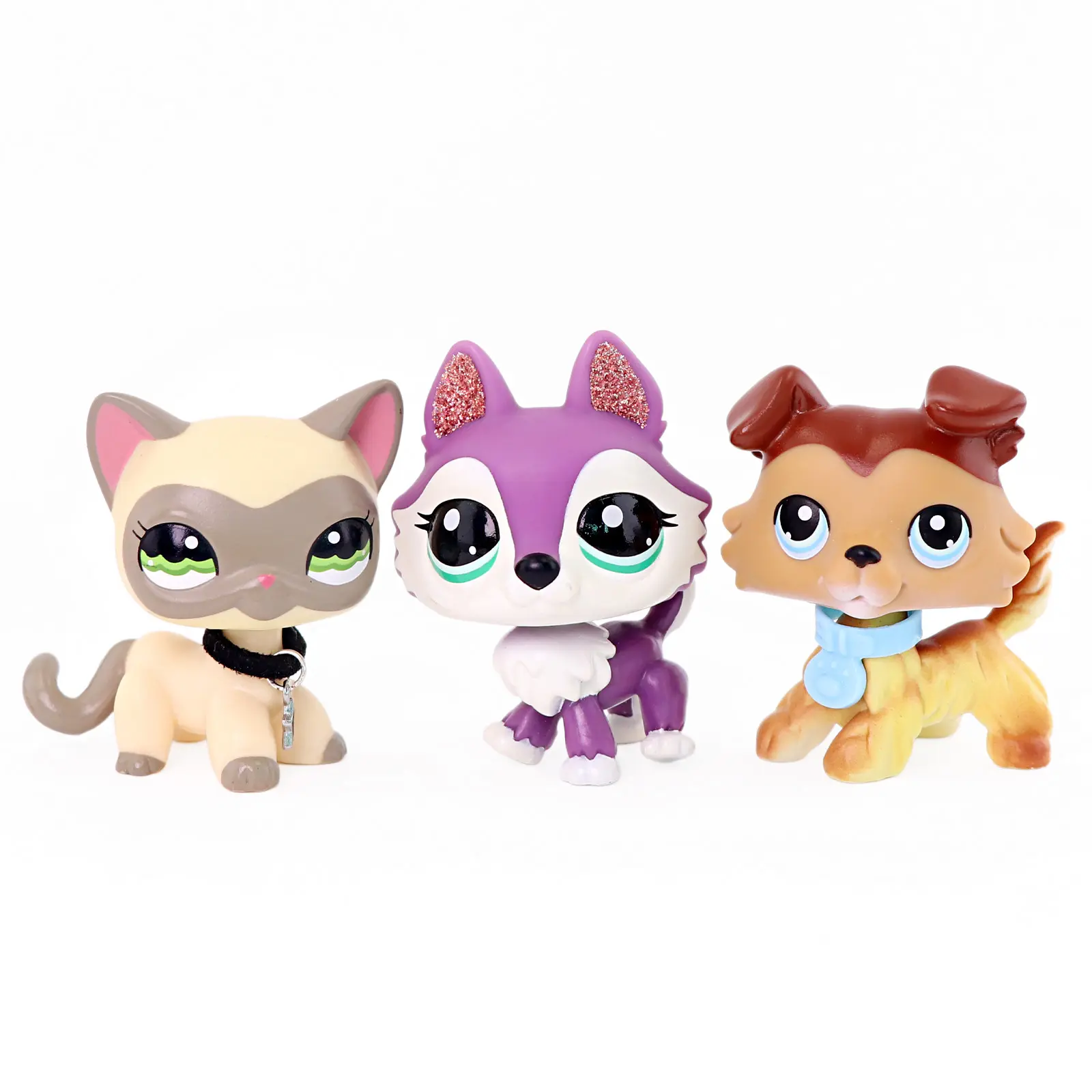 3 Pcs Cute Mini Animal Collectible Figures Set, Mask Cat, Glitter Ear Wolf & Collie Puppy Toy Figurines with Collar Accessories, Hand Painted Tiny Pet Statues, Cake Topper Dollhouse Decor Gift for Kids Girls Boys Age 4+