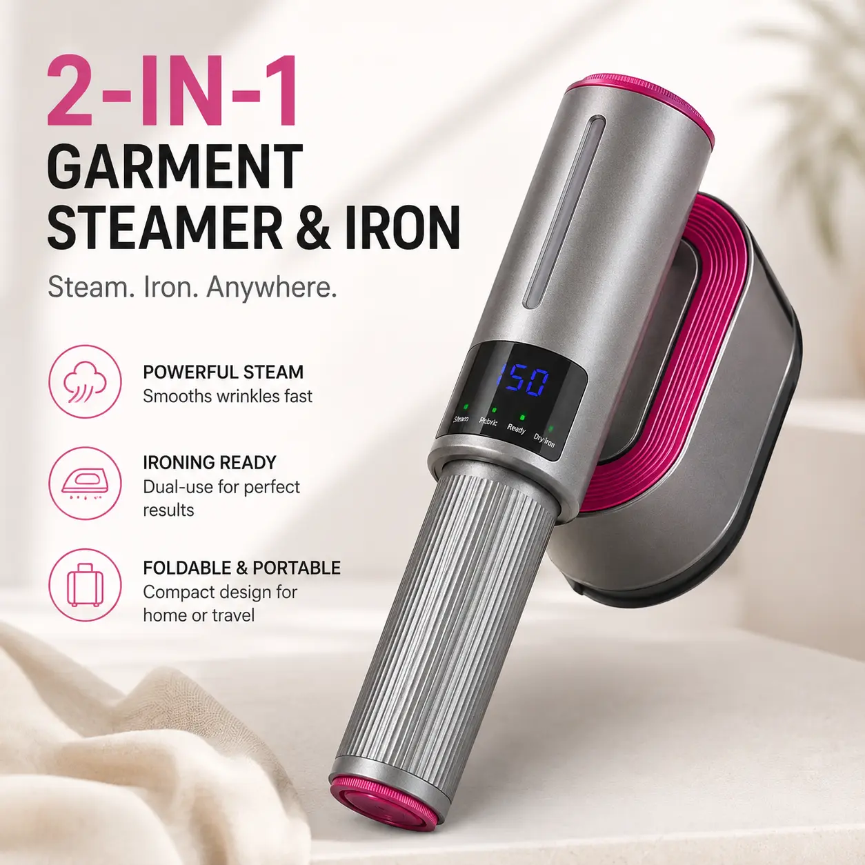 65%Advanced Technology Upgrade 2-in-1 Foldable Handheld Garment Steamer & Iron with Digital Display, Portable Clothes Wrinkle Remover for Travel, Home and Dorm Use