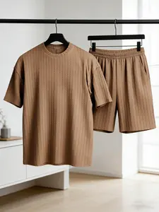 Men's Solid Textured Drop Shoulder Short Sleeve Tee & Drawstring Waist Shorts 2-Piece Set, Loose Casual Crew Neck Outfit with Pockets, Perfect for Spring, Summer, Fall, Back to School & Daily Outdoor Wear