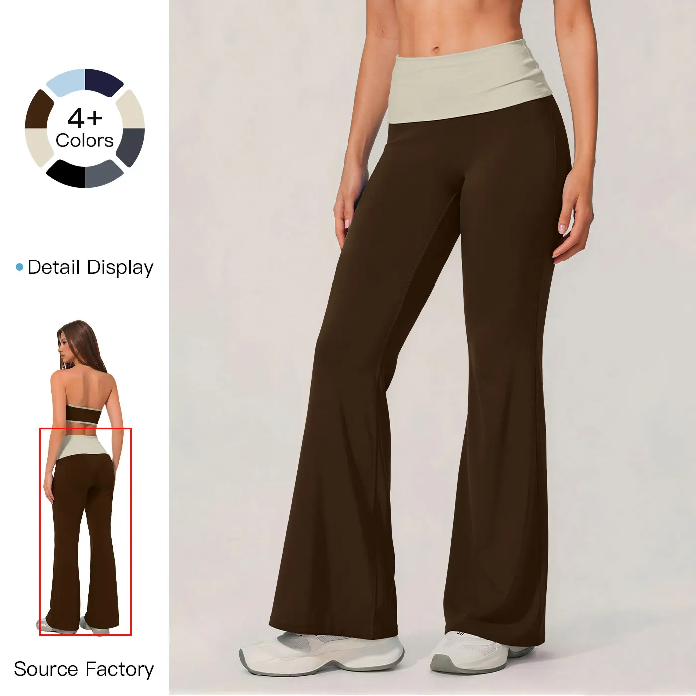 MFVIM Women's Polyamide Fabric Color-Block Fold-Over Band High-Waisted Flare Leg Pants with Contrast Waist, Slim Fit, Fluid Drape, All Season Apparel; Suitable for Pilates, Fitness