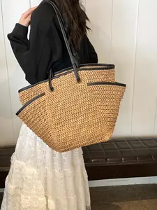 Women's Spring Summer Large Capacity Durable Handwoven Straw Travel Tote Bag, Leather Strap Vintage Shoulder Bag, Versatile Commute School Beach Shopping, Shoulder Totes, Casual Trendy Bag